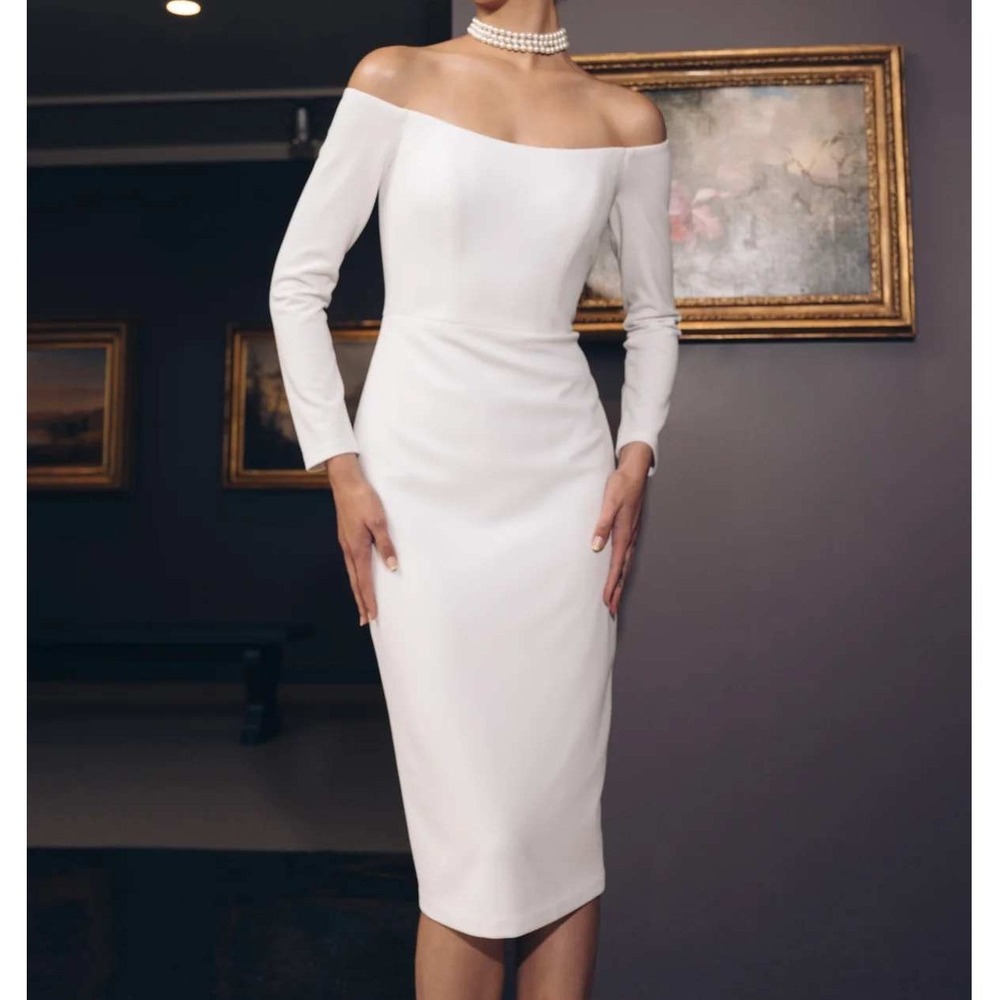 Jenny Yoo White Ayla Midi Dress Off‎ Shoulder Long Sleeve Bodycon Size 0